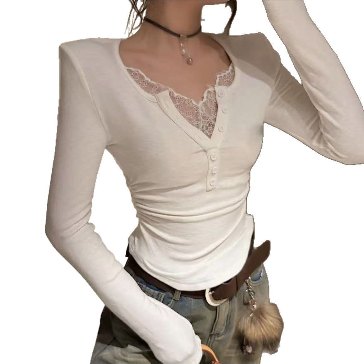 Buttoned V-neck Patchwork Lace T-Shirt Base Layer